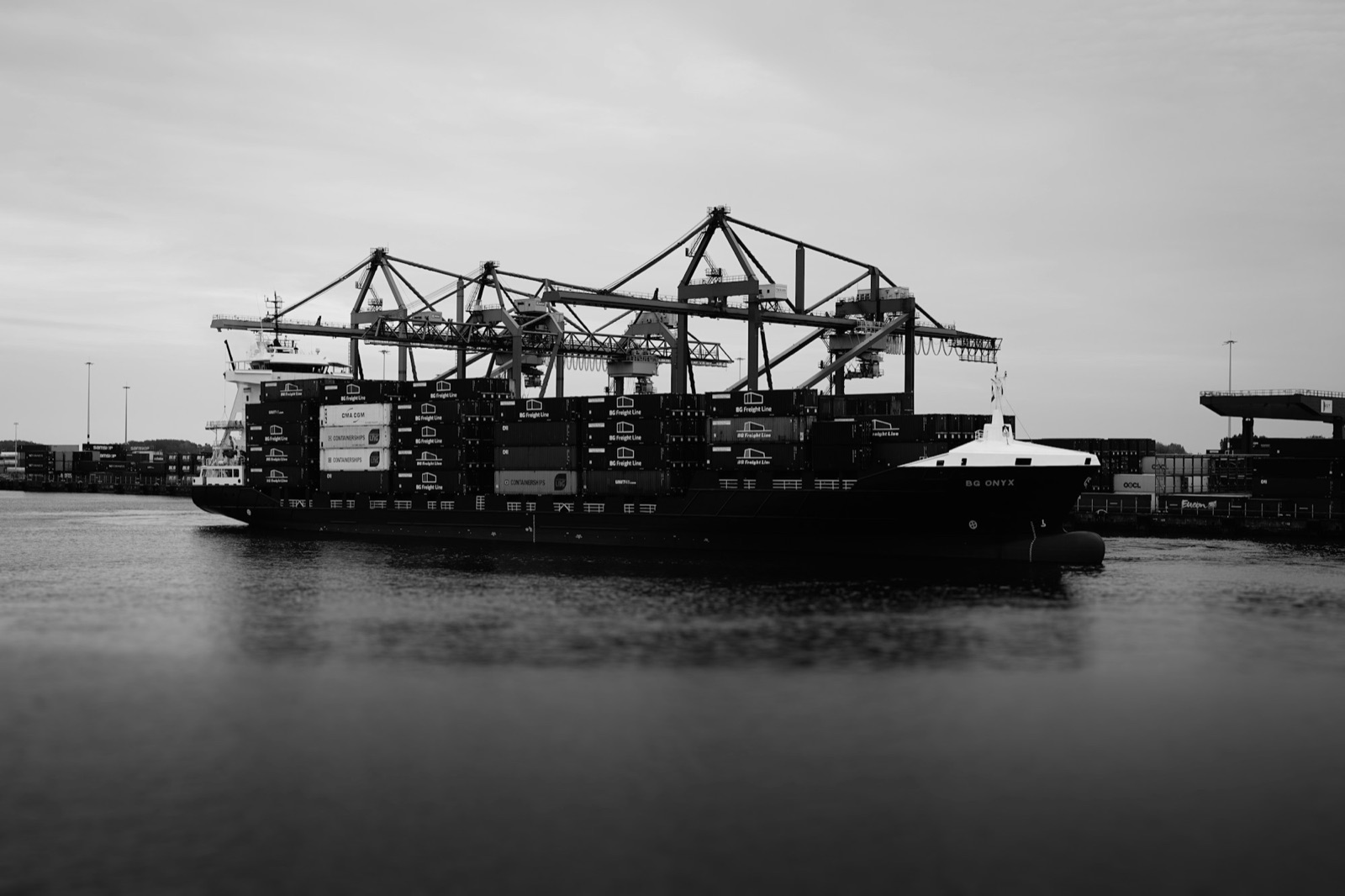 Container ship alongside quay cranes at a port terminal